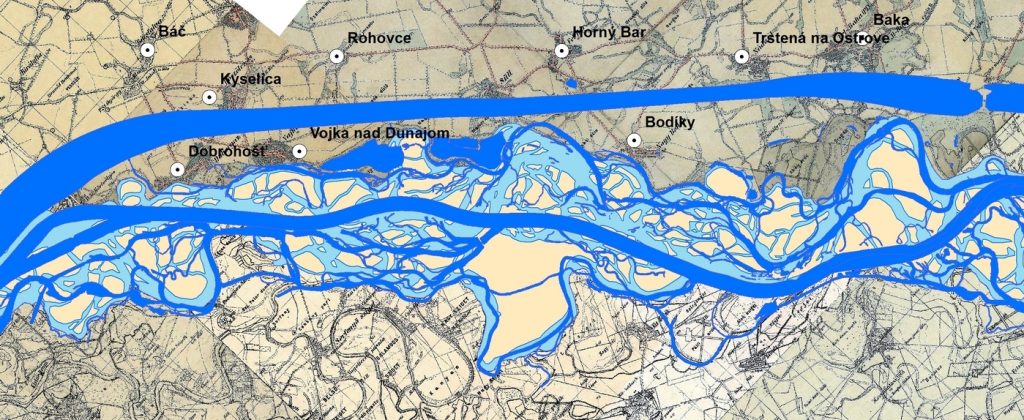 Mapa s porovnaním súčasného stavu Dunaja
